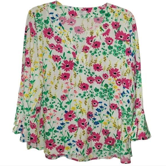 Crown & Ivy Vibrant Floral Spring Ruffle Sleeve Blouse - Picture 1 of 12